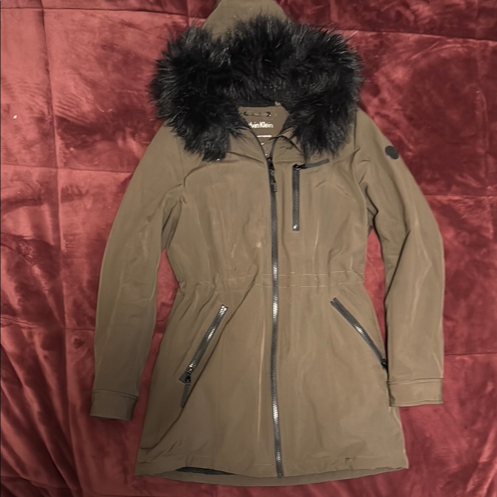 Calvin Klein Green Utility Jacket with Faux Fur Trim